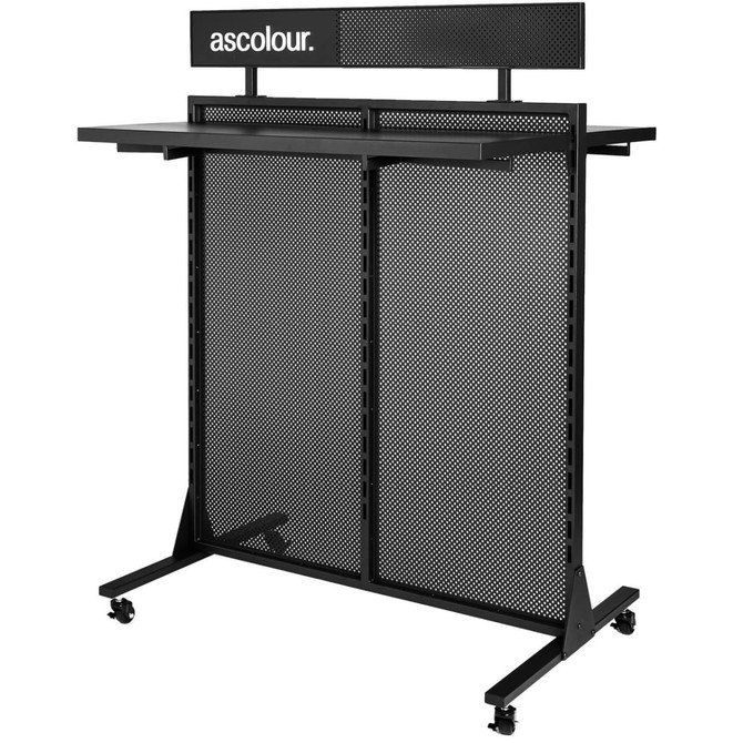 A black exhibition display stand with mesh panels, featuring a top shelf and wheels for mobility. It includes a logo.