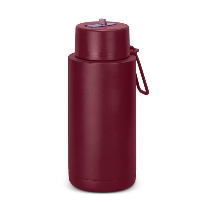 A drink bottle in burgundy, featuring a lid with a straw and a carrying loop. It has a logo on the side.