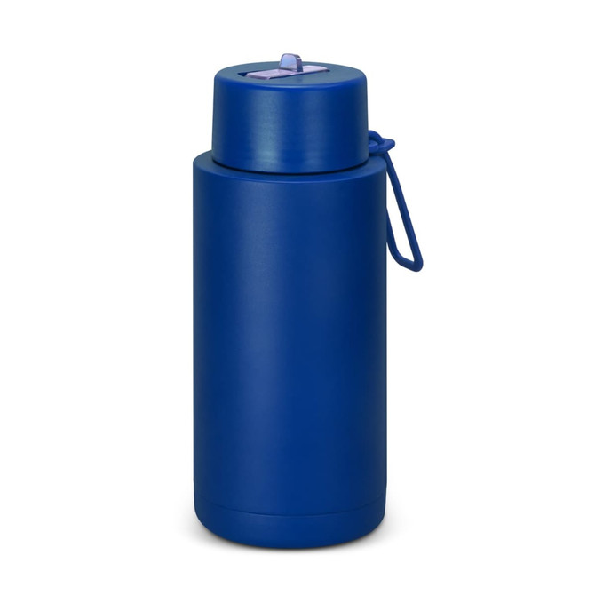A drink bottle in a deep blue colour with a lid and a handle for easy carrying. Features a logo on the bottle.