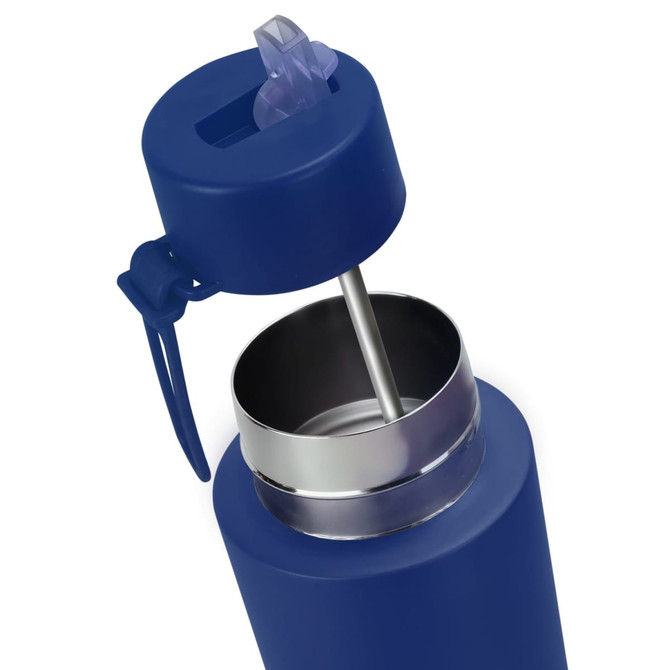 A drink bottle in navy blue with a stainless steel interior and an open lid showcasing a straw. It has a logo.
