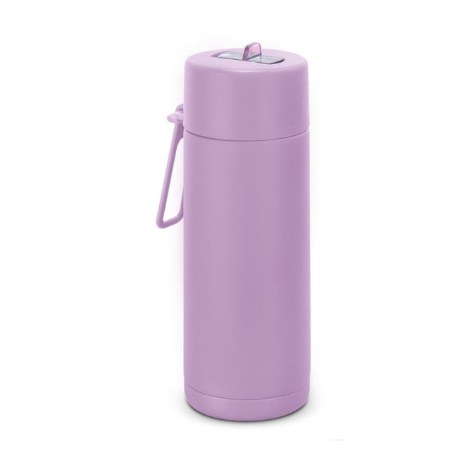 A drink bottle in pastel purple, featuring a lid and a handle for easy carrying, with a logo.