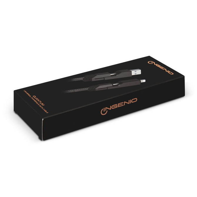 A black box containing a universal charging and data cable with a branding logo.