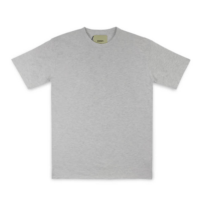 A grey t-shirt with short sleeves and a brand logo on the neckline.