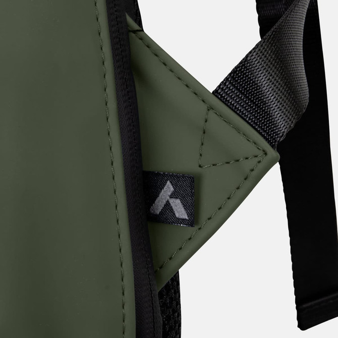 A soft-touch flap backpack in an olive green colour, featuring adjustable straps and a branded logo.