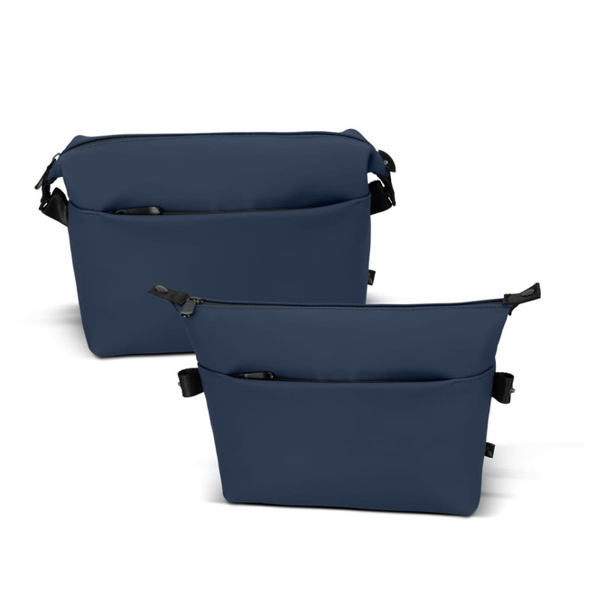 A navy soft-touch toiletry bag with two compartments and a logo, featuring front pockets and adjustable straps.