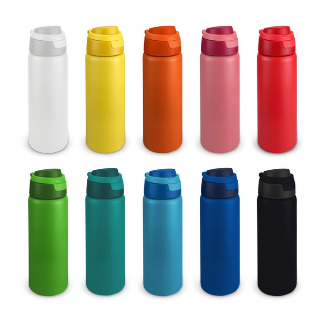 A drink bottle in various colours including white, yellow, orange, pink, red, green, blue, and black, featuring a lid and branding.