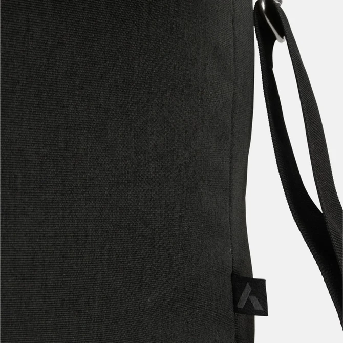 A black messenger bag with a textured surface, featuring an adjustable strap and a logo on the side.
