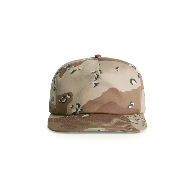A camo cap featuring a tan and brown pattern with a structured design and a logo on the front.