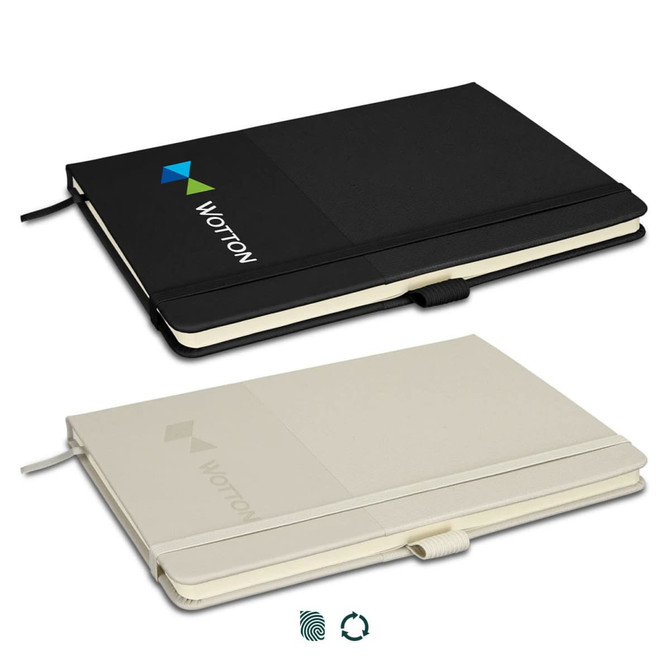 A black and cream notebook featuring a logo on the cover, with a stylish design and elastic closure.
