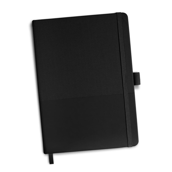 A black notebook with a textured cover and an elastic band for secure closure. It features a logo on the front.