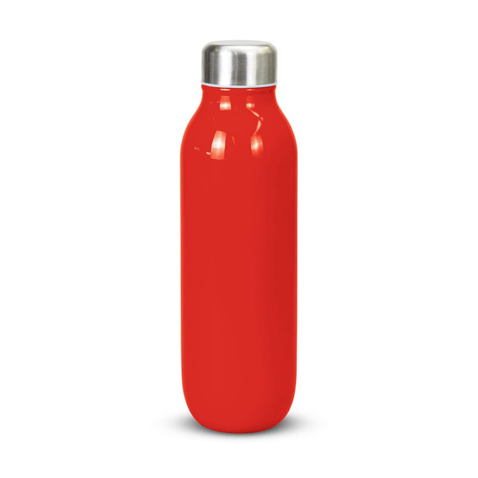 A drink bottle in bright red with a stainless steel lid and a smooth, curved design. It features a logo.