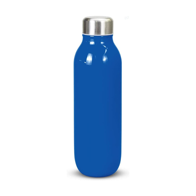 A drink bottle in bright blue with a sleek design and a stainless steel lid, featuring a logo.
