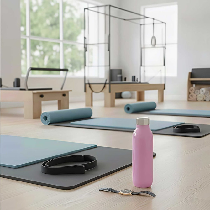 A pink vacuum drink bottle sits on a gym floor among exercise mats and equipment.