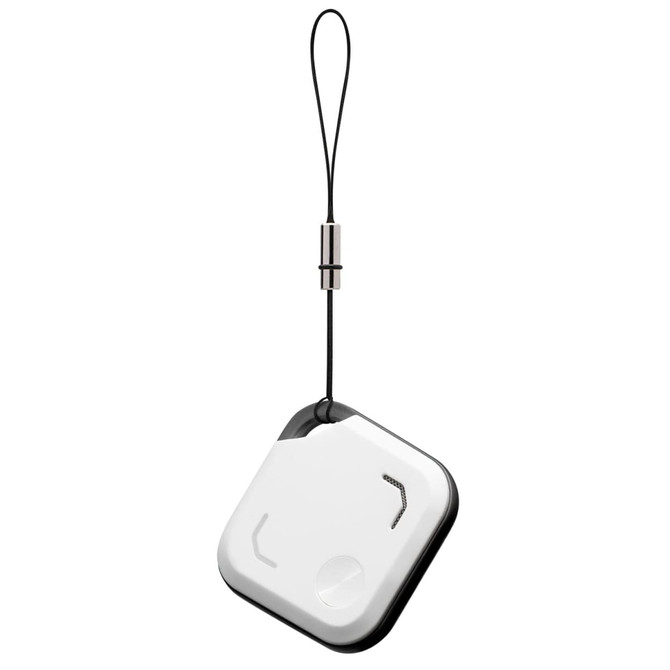 A square Bluetooth tracker in black and white with a loop for attachment. It features a small logo on the surface.