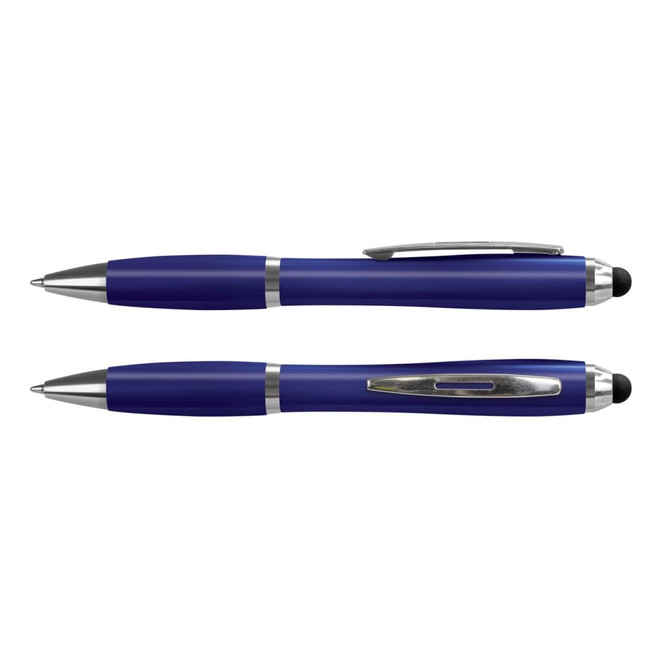A stylus pen in vibrant blue with silver accents, featuring both a ballpoint and a touchscreen tip.
