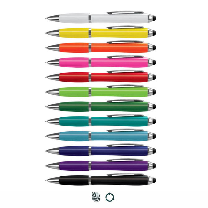 A collection of Vistro Stylus Pens in various colours, featuring a sleek design and chrome accents.