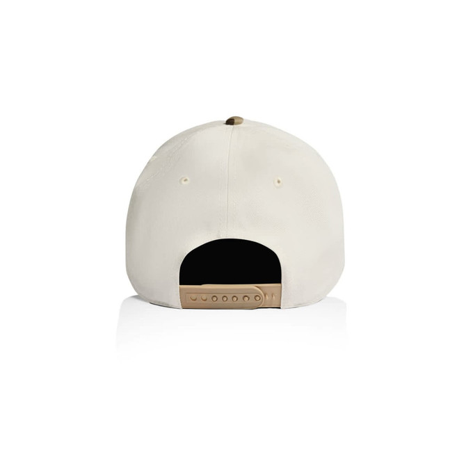 A two-tone camo cap featuring a cream and khaki colour scheme with an adjustable strap in the back.