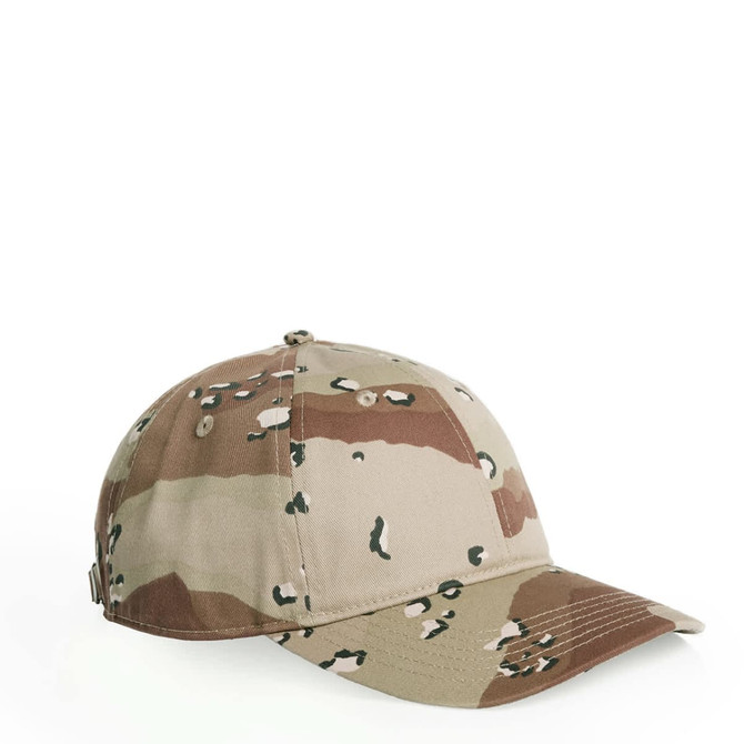 A camo cap in shades of tan, brown, and green, featuring a logo on the side.