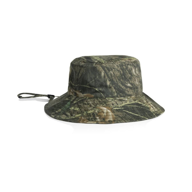 A wide brim bucket hat in a camo pattern, featuring a chin strap for secure wear.
