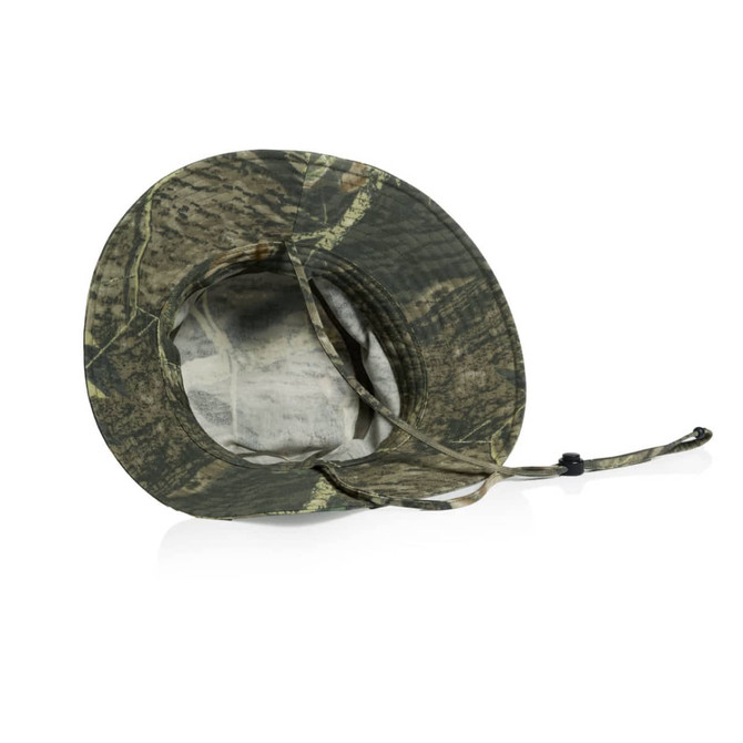 A wide-brimmed bucket hat in a camo pattern, featuring an adjustable chin strap and inner lining.