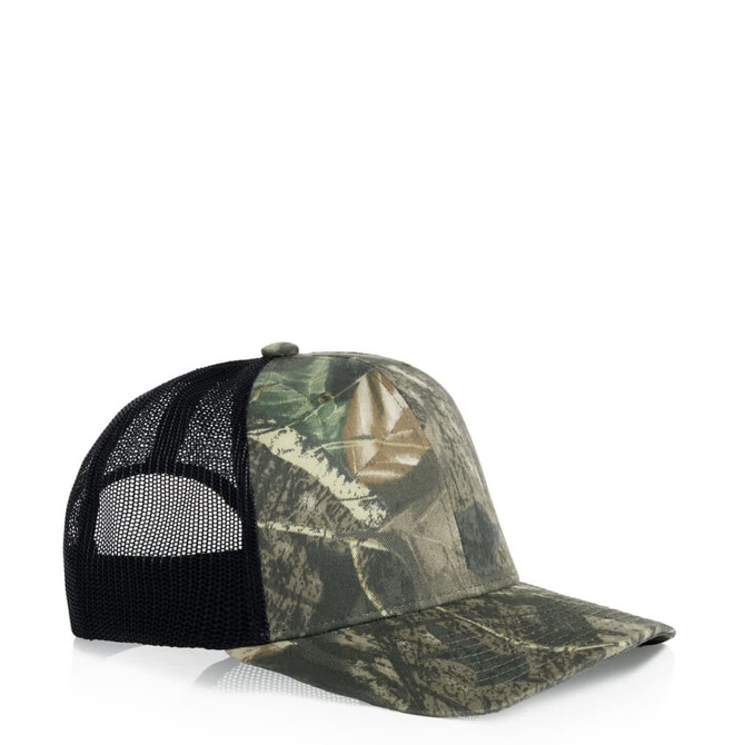 A camouflage cap featuring a mesh back, with shades of green and brown, and a curved brim. It has a branding logo.