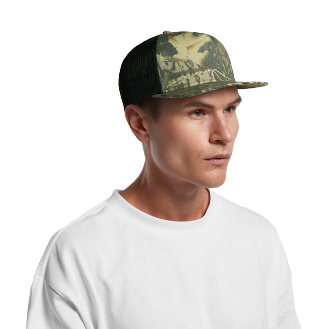 A camo trucker cap with a black mesh back, featuring a design in shades of green and tan.