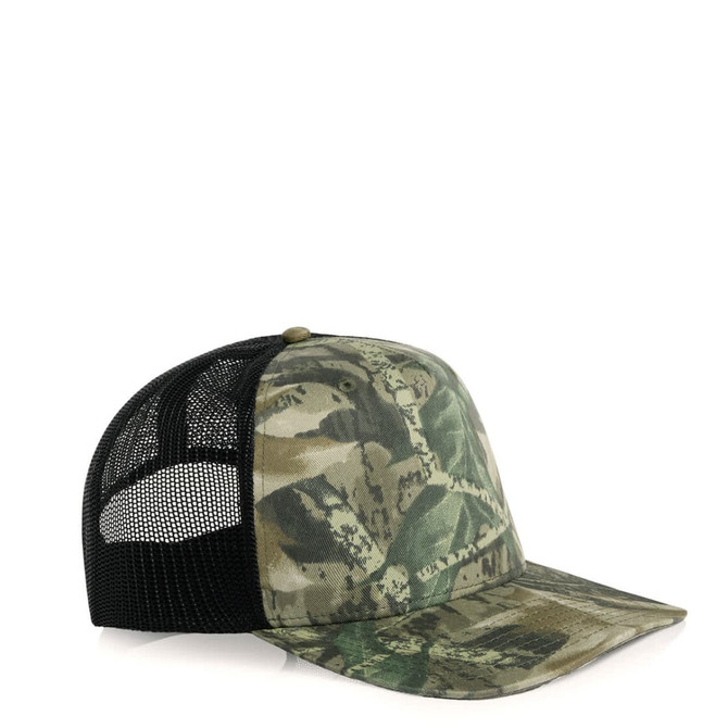 A camo trucker cap featuring a green and brown camouflage pattern with a black mesh back and an adjustable strap.