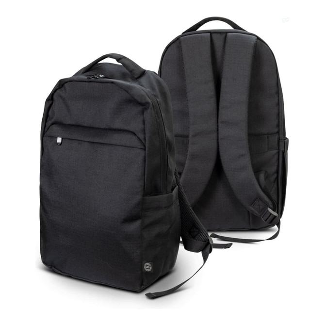 A black recycled backpack with adjustable straps and zippered compartments, featuring a logo on one side.