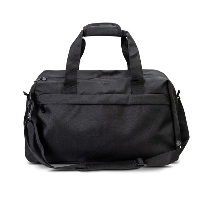 A black recycled duffle bag with dual handles and an adjustable shoulder strap. It features a logo.
