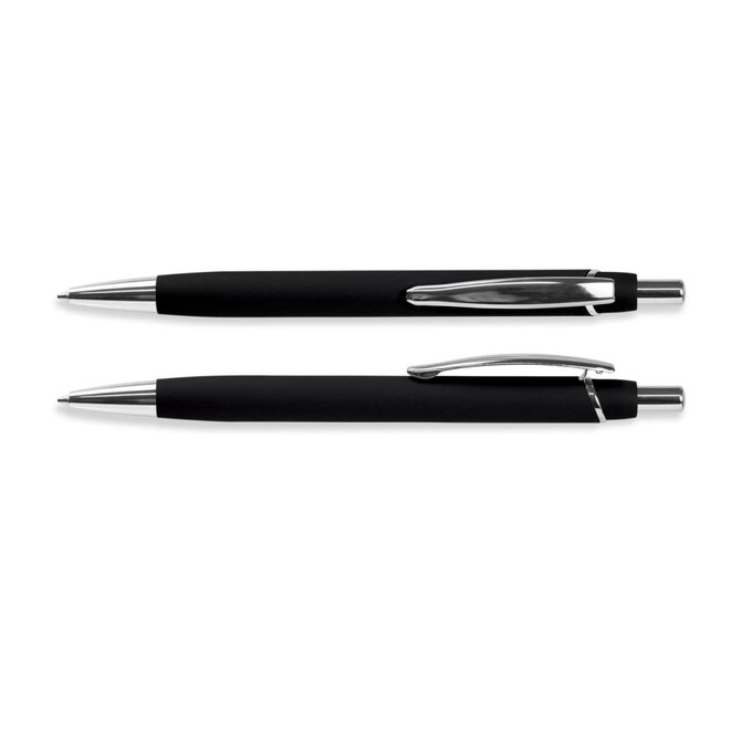 A black soft-touch pen with chrome accents and a clip, featuring a sleek and modern design.