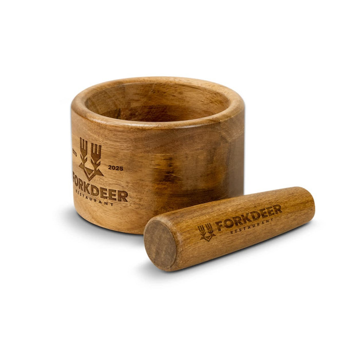 A wooden mortar and pestle set with a natural finish and an engraved logo.