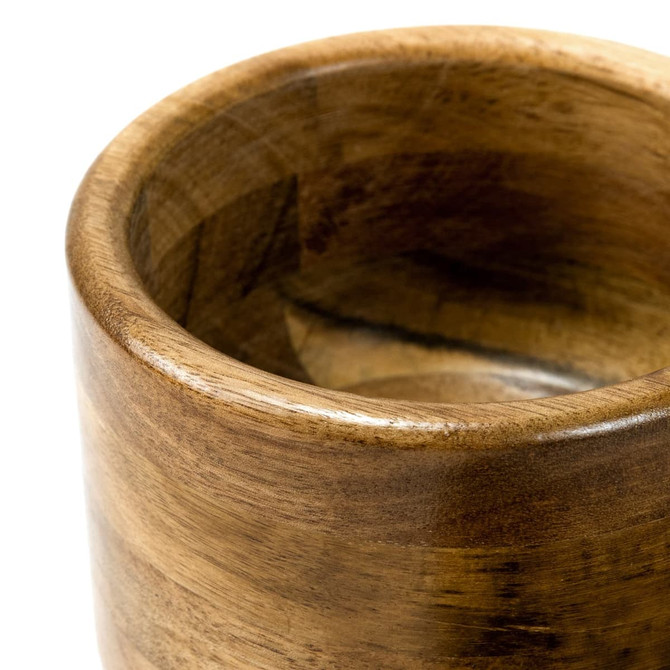 A wooden mortar with a smooth, polished interior, showcasing rich brown tones and natural grain patterns.