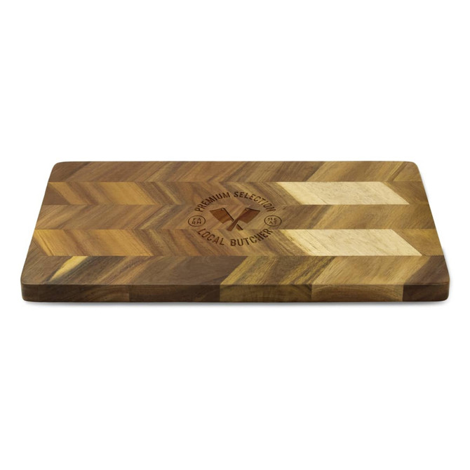 A wooden chopping board with a chevron pattern and a logo engraved on its surface.