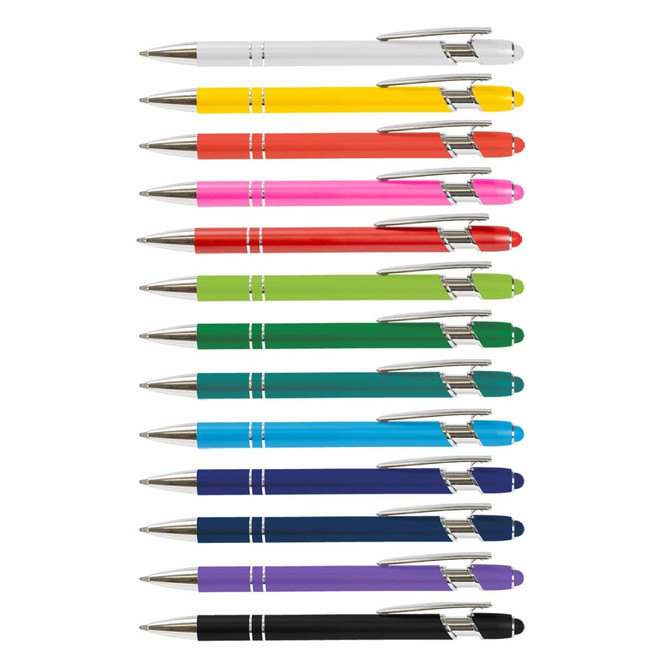 A set of stylus pens in various colours, including white, red, pink, green, blue, and black, featuring silver accents.