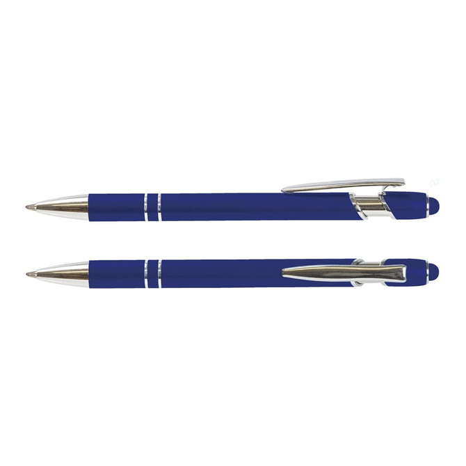 A blue stylus pen with a silver tip and clip, featuring sleek stripes along its body. It includes a logo.