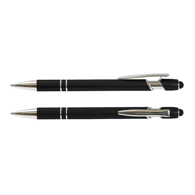 A set of black stylus pens with silver accents and clips, featuring a sleek design.