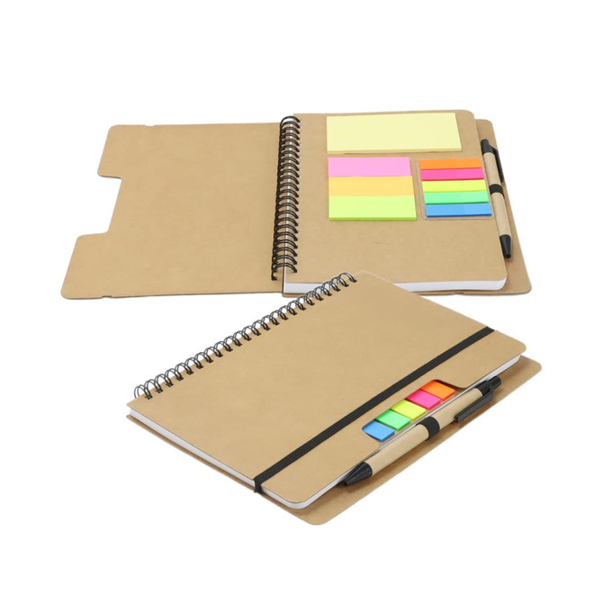 A Kraft notebook featuring a spiral binding, sticky notes in vibrant colours, and included pens, with a black elastic band.