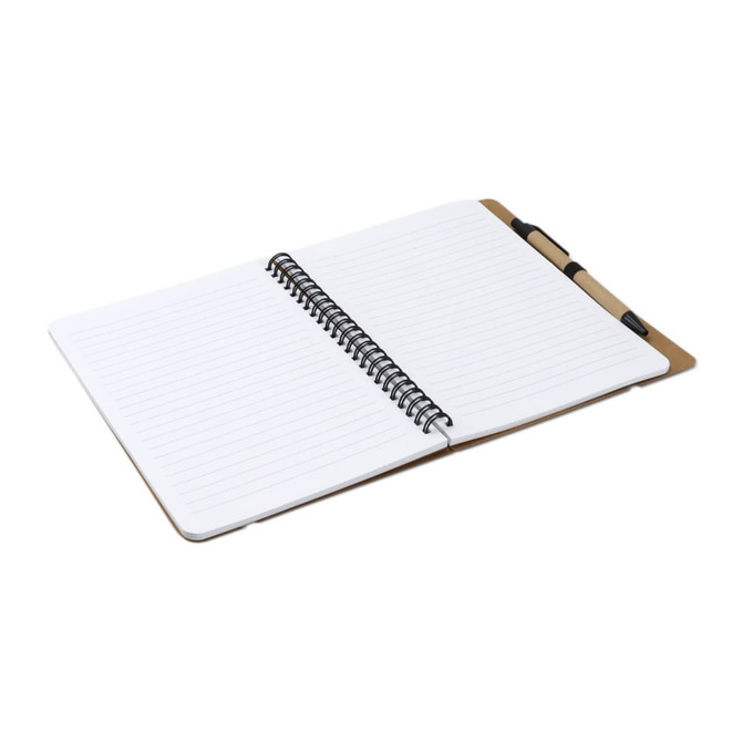 A Kraft notebook with a spiral binding, featuring blank lined pages and a pen attached on the side.