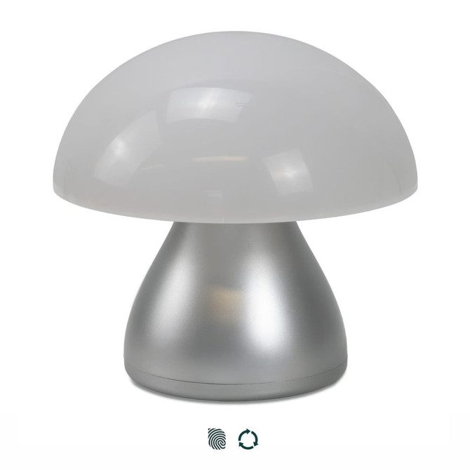A Portobello Table Lamp featuring a frosted white dome and a silver base, with a modern, mushroom-like design.