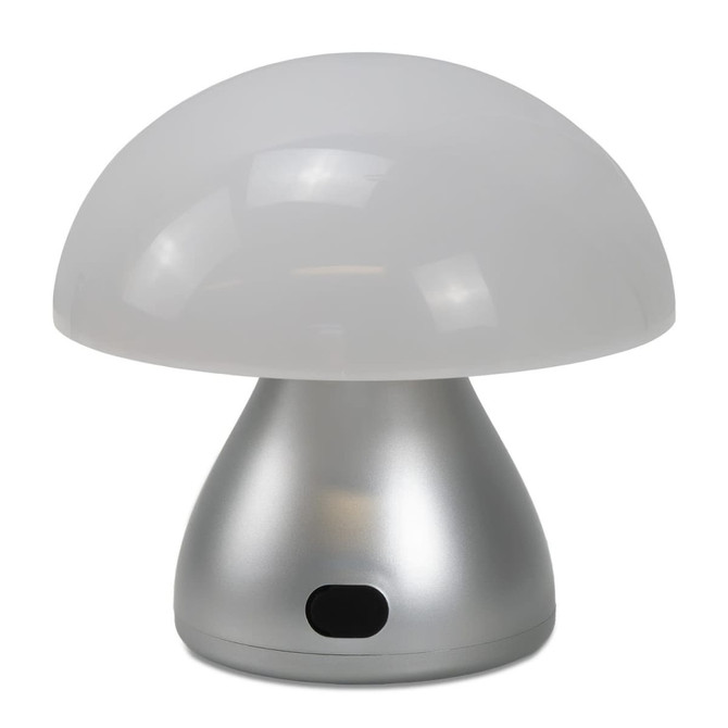 A Portobello table lamp with a silver base and a frosted glass dome shade in a mushroom shape.