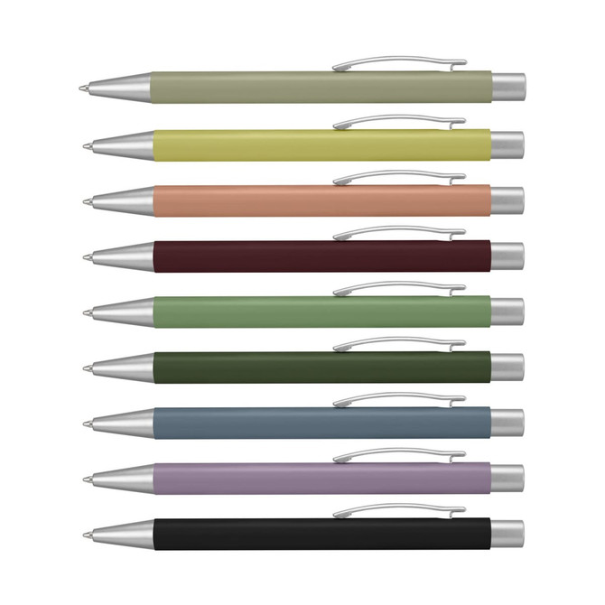 A collection of ten stylish pens in various muted colours with silver accents and clip mechanisms.