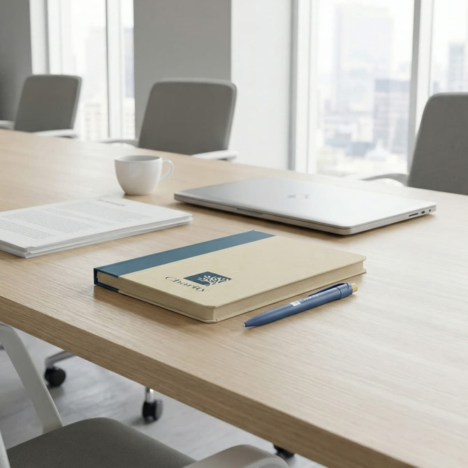 A beige notebook with a blue spine and a pen rests on a wooden table alongside a laptop and mug.
