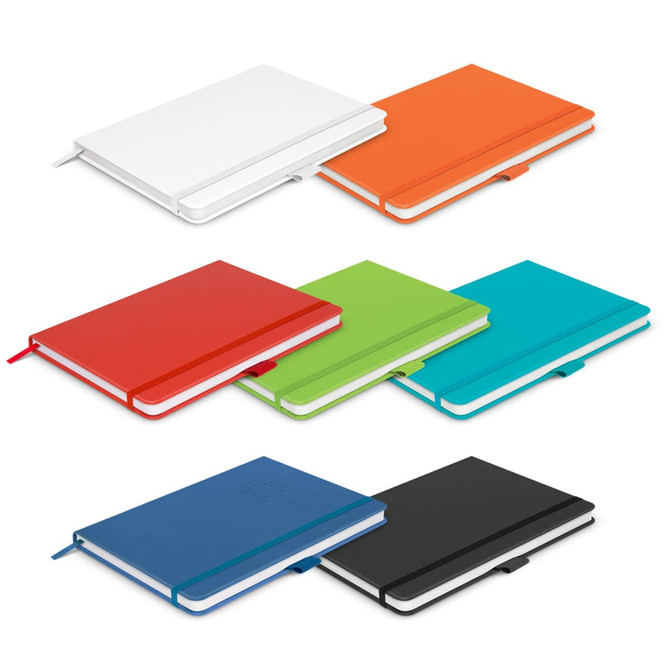 A notebook gift set featuring various colours: white, orange, red, green, blue, turquoise, and black, with a logo.