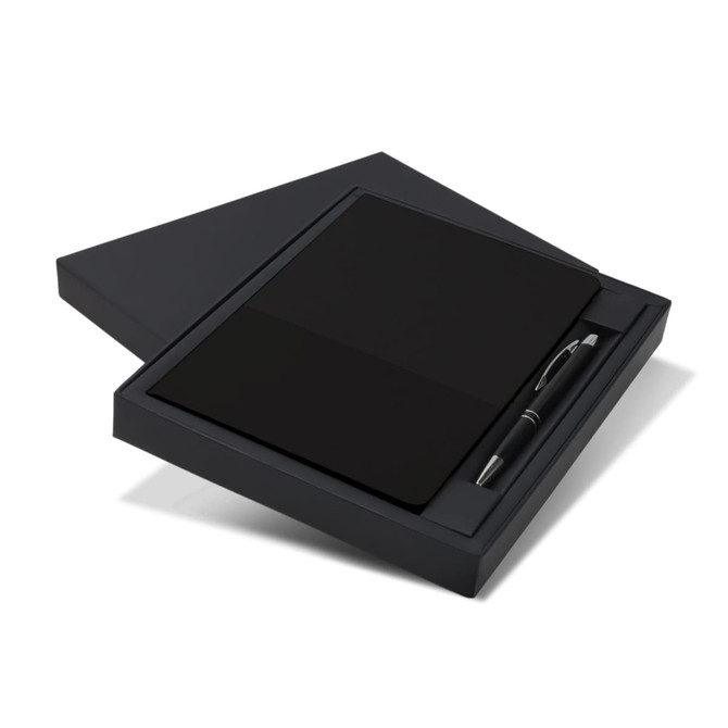 A black notebook and pen set presented in a matching black gift box featuring a logo.