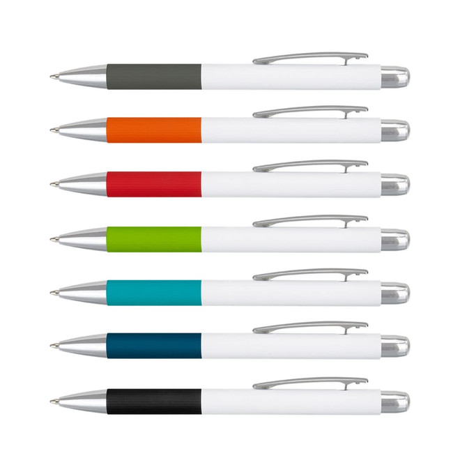 A selection of eight pens in various colours, featuring white bodies and silver accents.