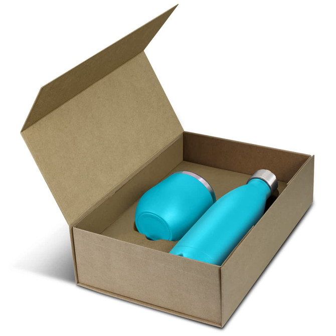 A turquoise drink bottle and cup displayed in a kraft gift box, featuring a logo on the items.