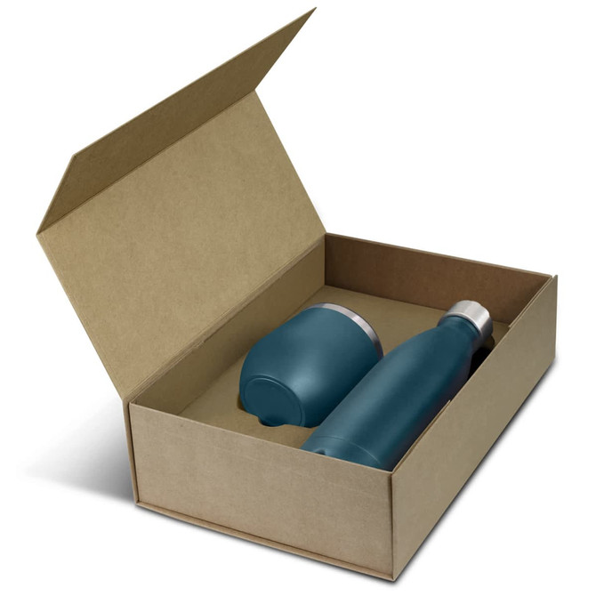 A teal drink bottle and a matching cup inside an open brown cardboard box, featuring a logo on the items.