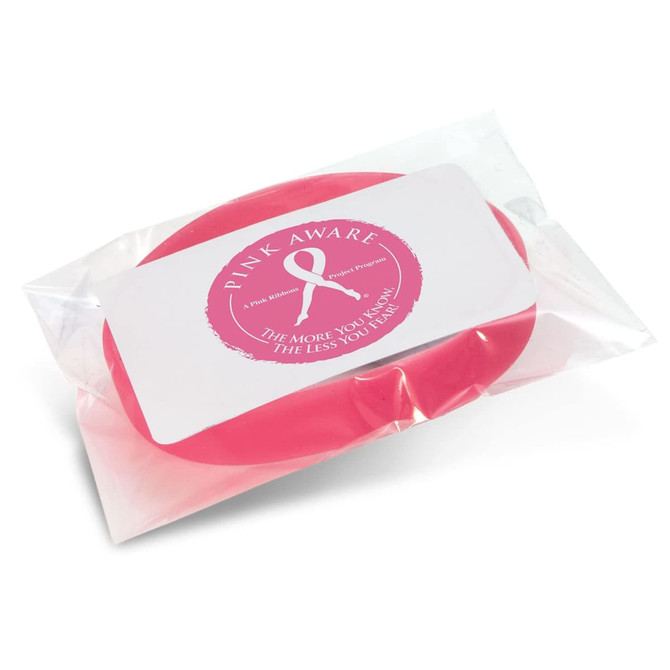 A pink silicone wristband packaged in a transparent bag, featuring a logo and informative label.