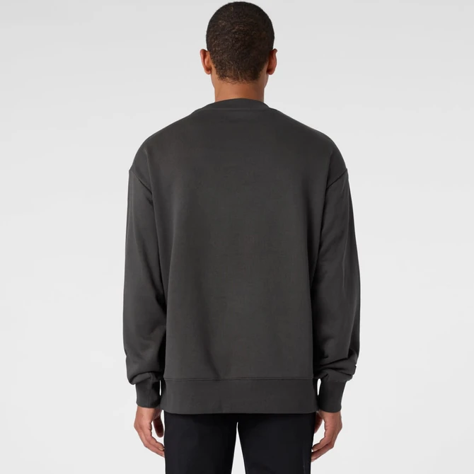 A grey jumper with long sleeves and a relaxed fit, featuring a logo on the back.