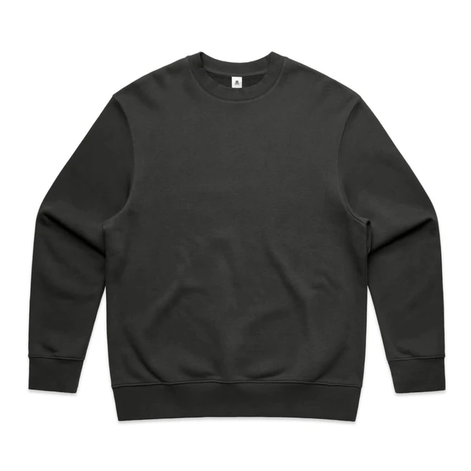 A dark grey crew jumper featuring a round neckline and long sleeves. It has a small logo on the label.